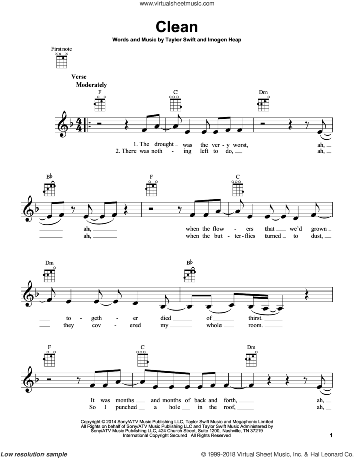 Clean sheet music for ukulele by Taylor Swift and Imogen Heap, intermediate skill level