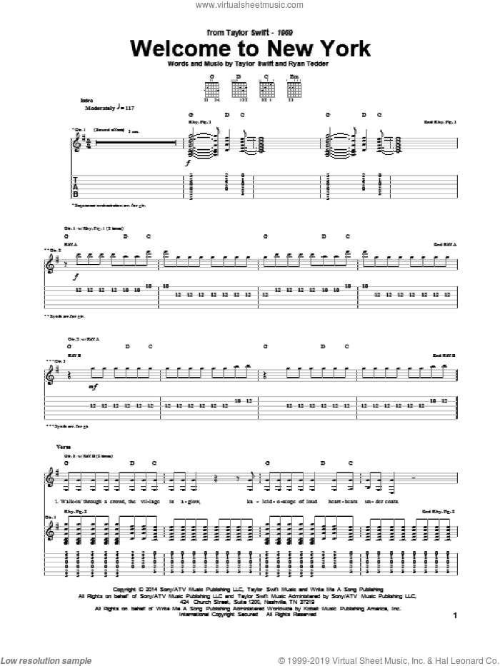 Welcome To New York sheet music for guitar (tablature) by Taylor Swift and Ryan Tedder, intermediate skill level
