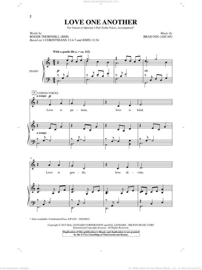 Love One Another sheet music for choir by Brad Nix, I Corinthians 13:4-7, John 13:34 and Roger Thornhill, wedding score, intermediate skill level