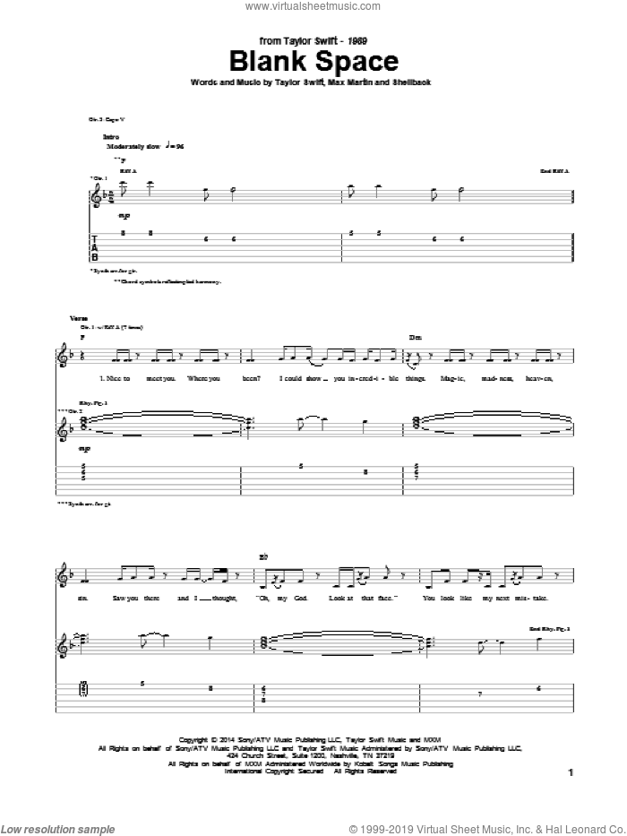 Blank Space sheet music for guitar (tablature) by Taylor Swift, Johan Schuster, Max Martin and Shellback, intermediate skill level