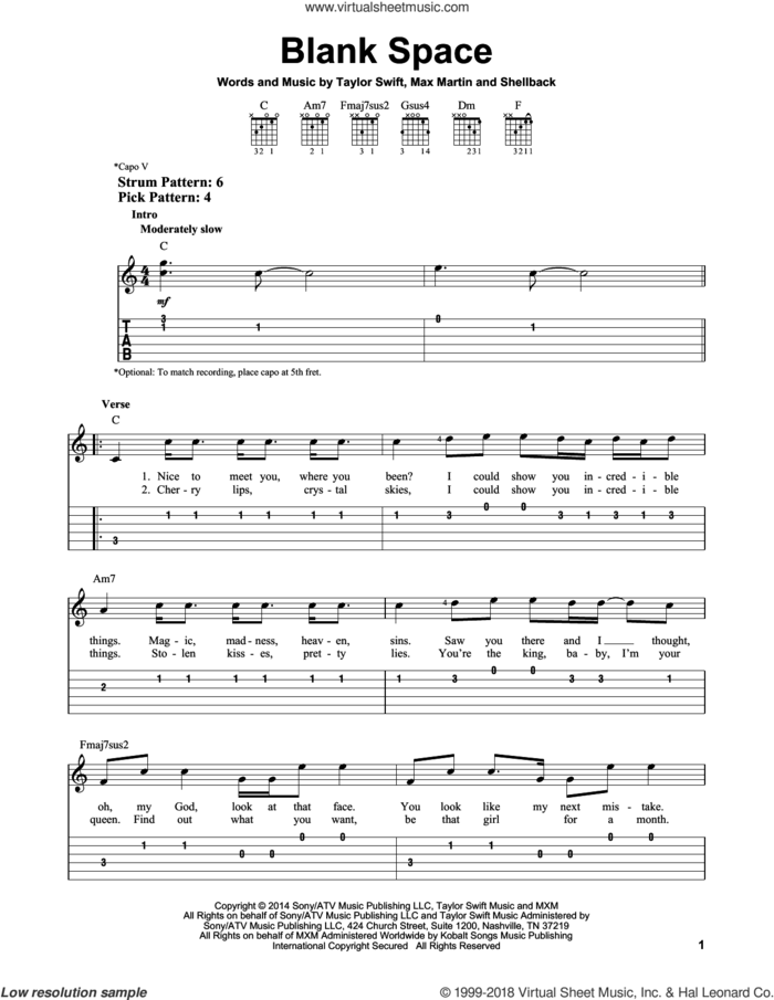 Blank Space sheet music for guitar solo (easy tablature) by Taylor Swift, Johan Schuster, Max Martin and Shellback, easy guitar (easy tablature)