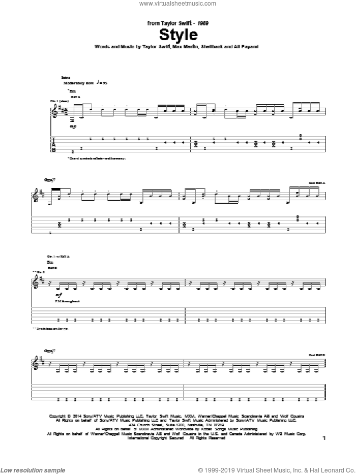 Style sheet music for guitar (tablature) by Taylor Swift, Ali Payami, Johan Schuster, Max Martin and Shellback, intermediate skill level