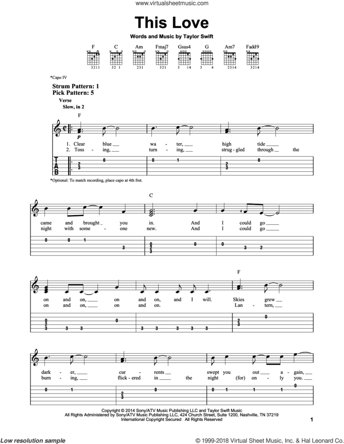 This Love sheet music for guitar solo (easy tablature) by Taylor Swift, easy guitar (easy tablature)