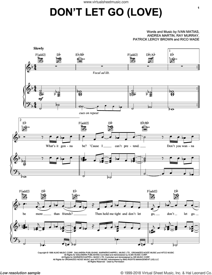 Don't Let Go (Love) sheet music for voice, piano or guitar by En Vogue, Miscellaneous, Andrea Martin, Ivan Matias, Raymon Murray and Rico Wade, intermediate skill level