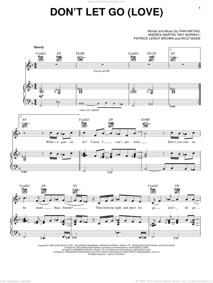 Don't Let Go (Love) sheet music for voice, piano or guitar by En Vogue, Miscellaneous, Andrea Martin, Ivan Matias, Raymon Murray and Rico Wade, intermediate skill level