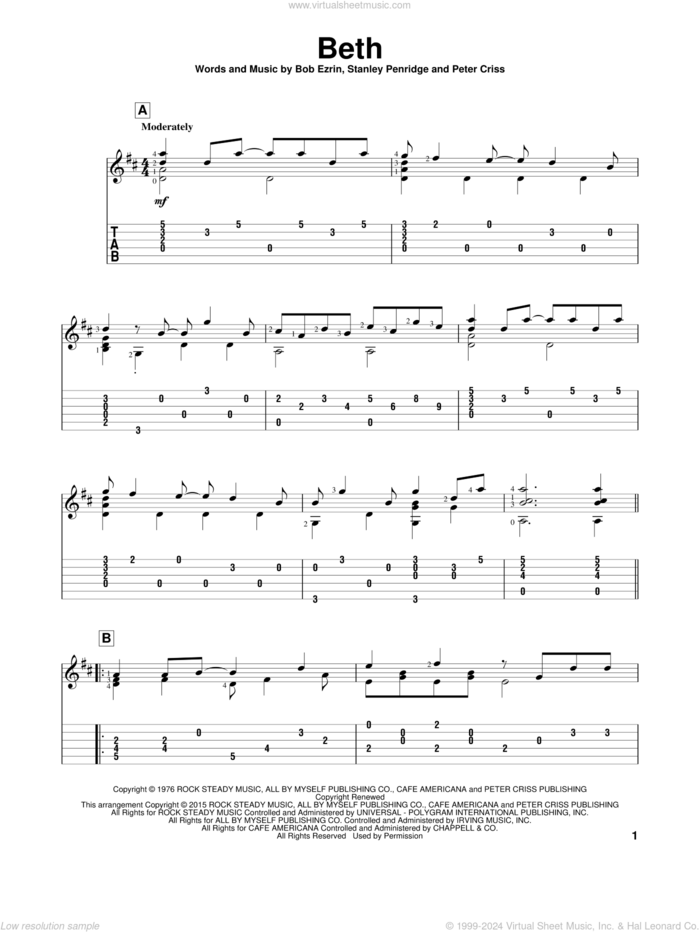 Beth sheet music for guitar solo by KISS, John Hill, Bob Ezrin, Peter Criss and Stan Penridge, intermediate skill level