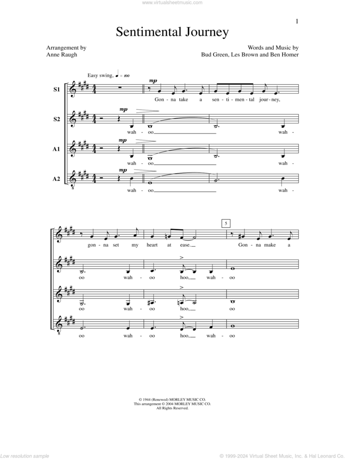 Sentimental Journey sheet music for choir (SSAA: soprano, alto) by Anne Raugh, Ben Homer, Bud Green and Les Brown, intermediate skill level