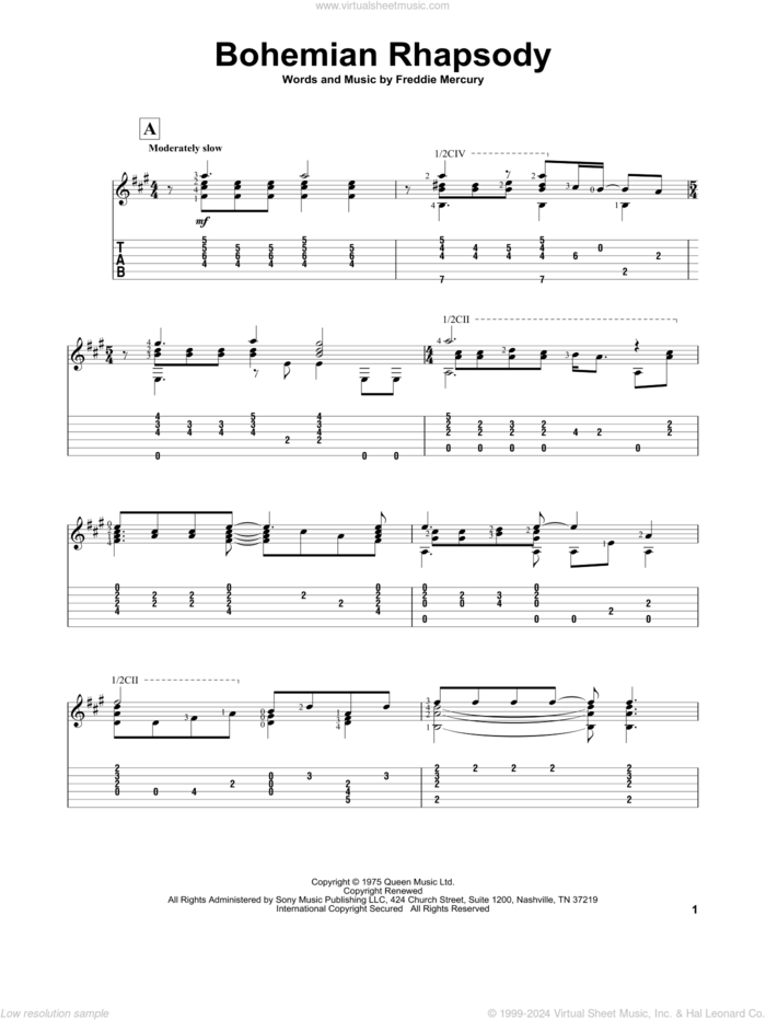 Bohemian Rhapsody sheet music for guitar solo by Queen and Freddie Mercury, intermediate skill level