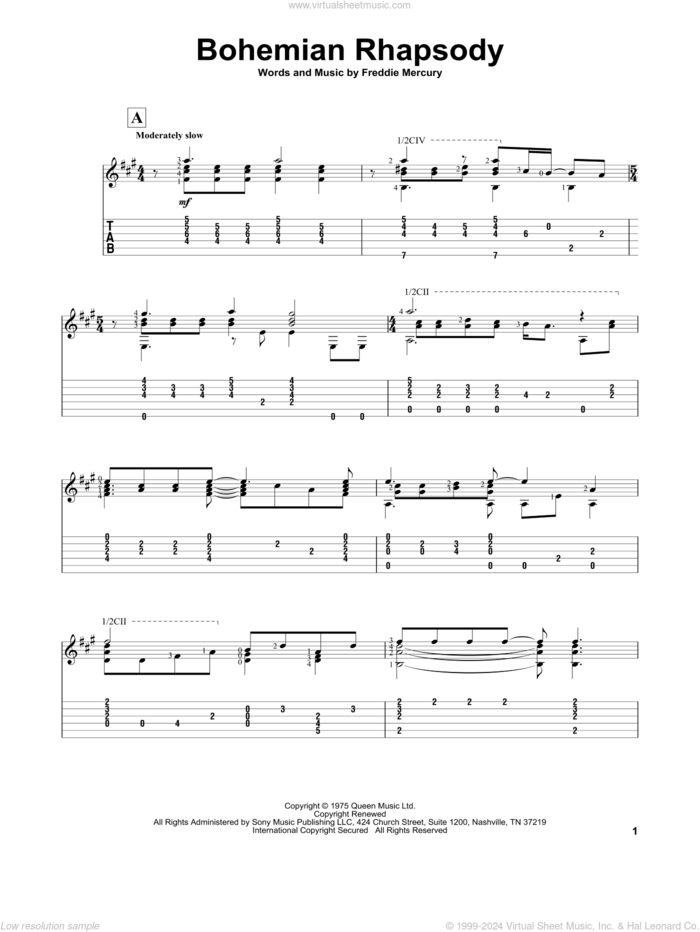 Bohemian Rhapsody sheet music for guitar solo by Queen and Freddie Mercury, intermediate skill level