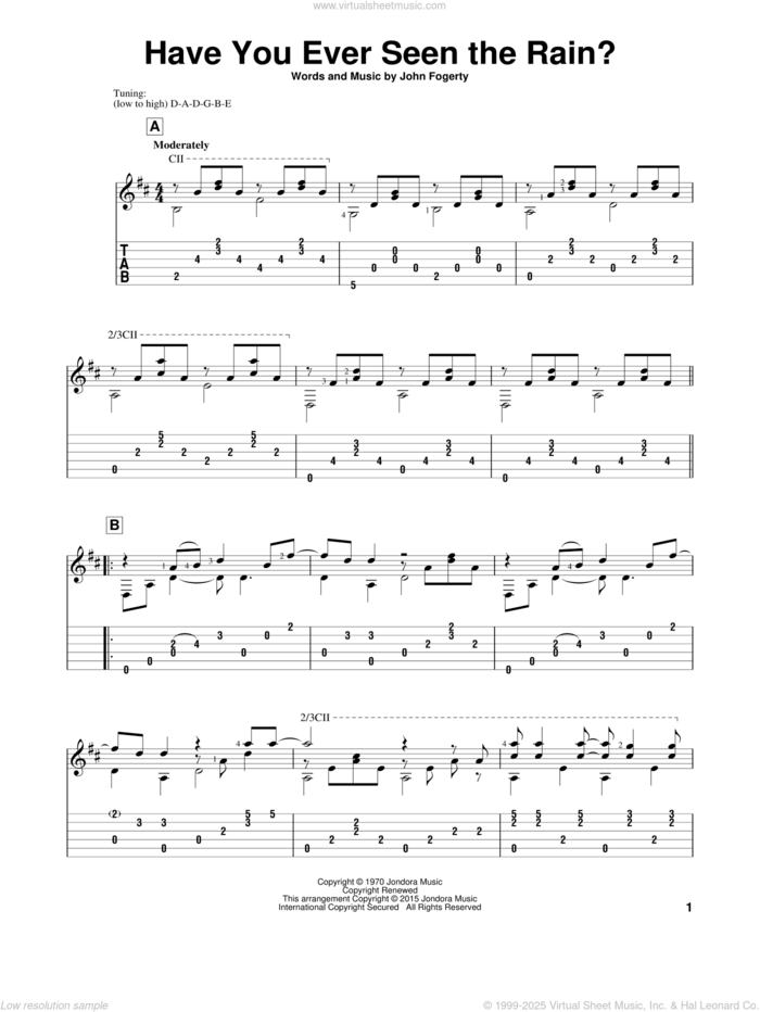 Have You Ever Seen The Rain?, (intermediate) sheet music for guitar solo by Creedence Clearwater Revival, John Hill and John Fogerty, classical score, intermediate skill level