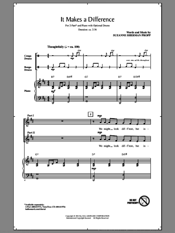 It Makes A Difference sheet music for choir (2-Part) by Suzanne Sherman Propp, intermediate duet
