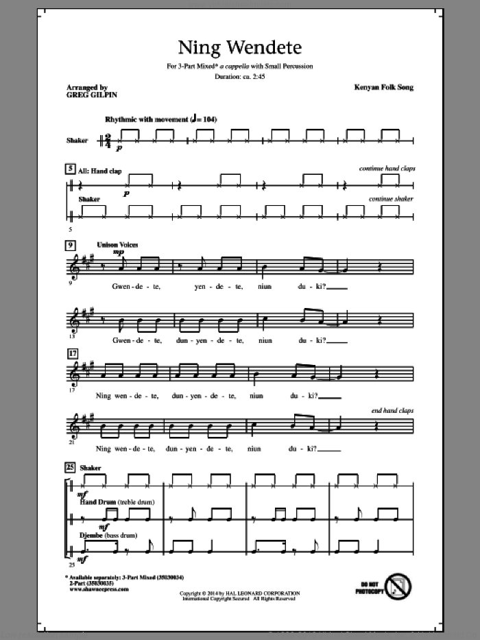 Ning Wendete sheet music for choir by Kenyan Folk Song and Greg Gilpin, intermediate skill level