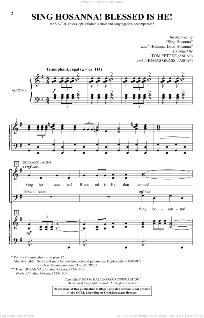 Sing Hosanna! Blessed Is He! sheet music for choir by Christian Gregor, Thomas Grassi, Tom Fettke, Hymntune and Jeanette Threlfall, intermediate skill level