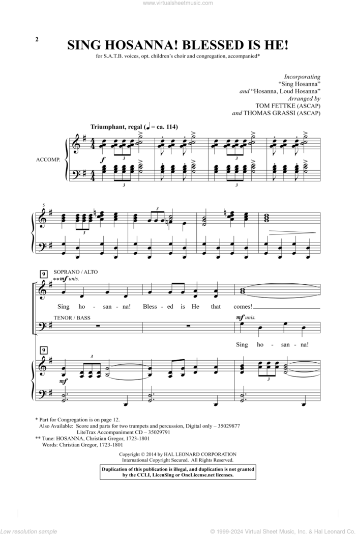 Sing Hosanna! Blessed Is He! sheet music for choir by Christian Gregor, Thomas Grassi, Tom Fettke, Hymntune and Jeanette Threlfall, intermediate skill level