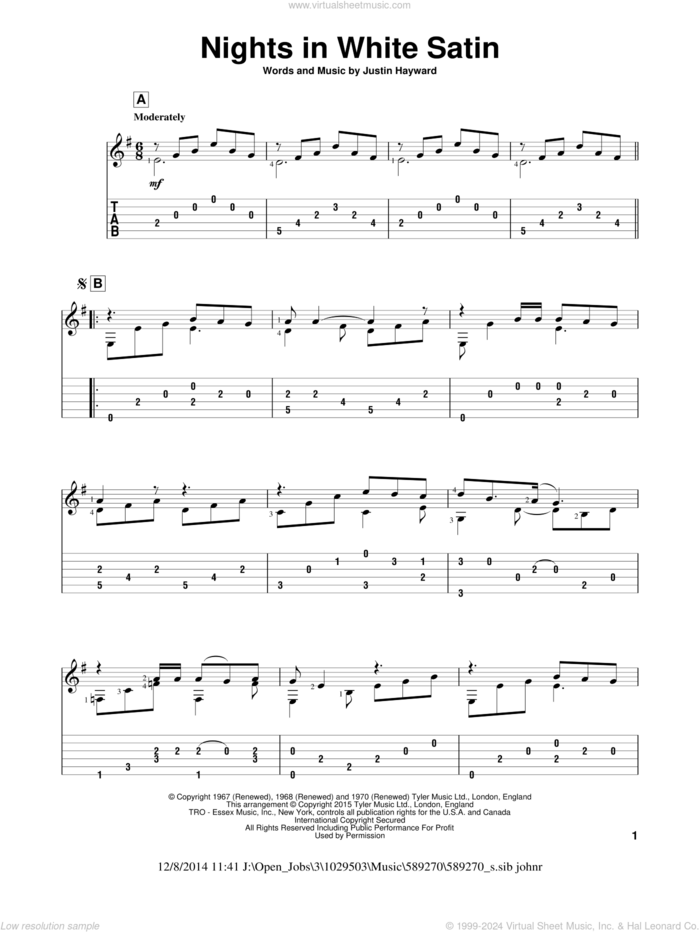 Nights In White Satin sheet music for guitar solo by The Moody Blues, John Hill and Justin Hayward, classical score, intermediate skill level