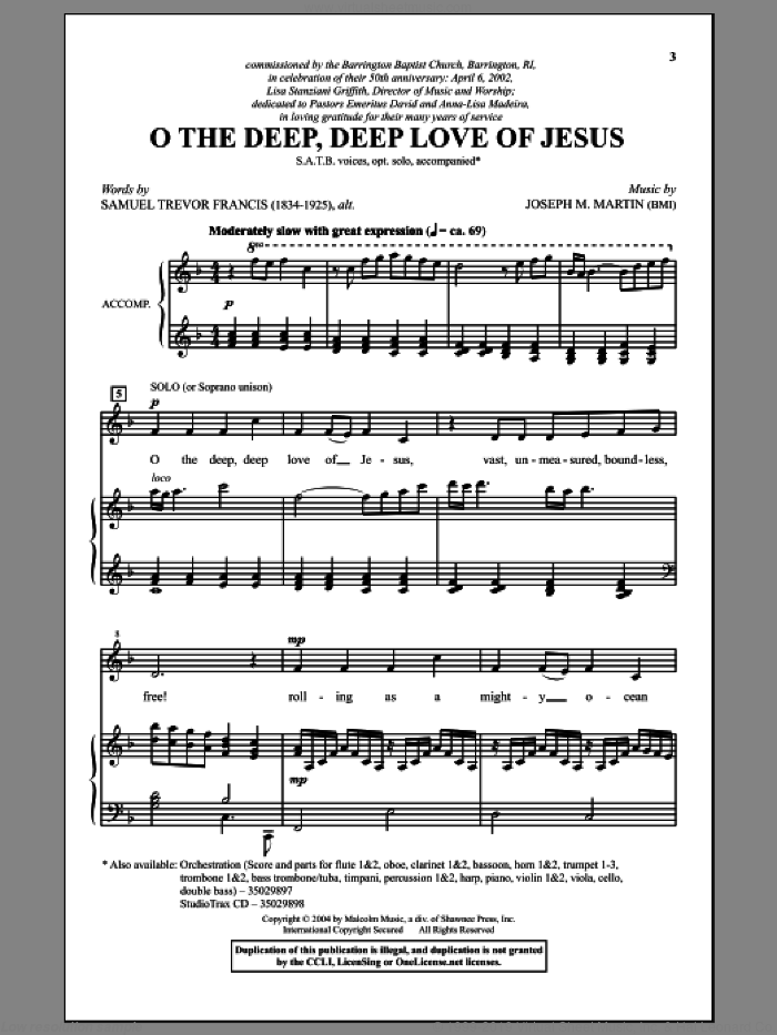 O The Deep, Deep Love Of Jesus sheet music for choir (SATB: soprano, alto, tenor, bass) by Joseph M. Martin and Samuel Trevor Francis, intermediate skill level
