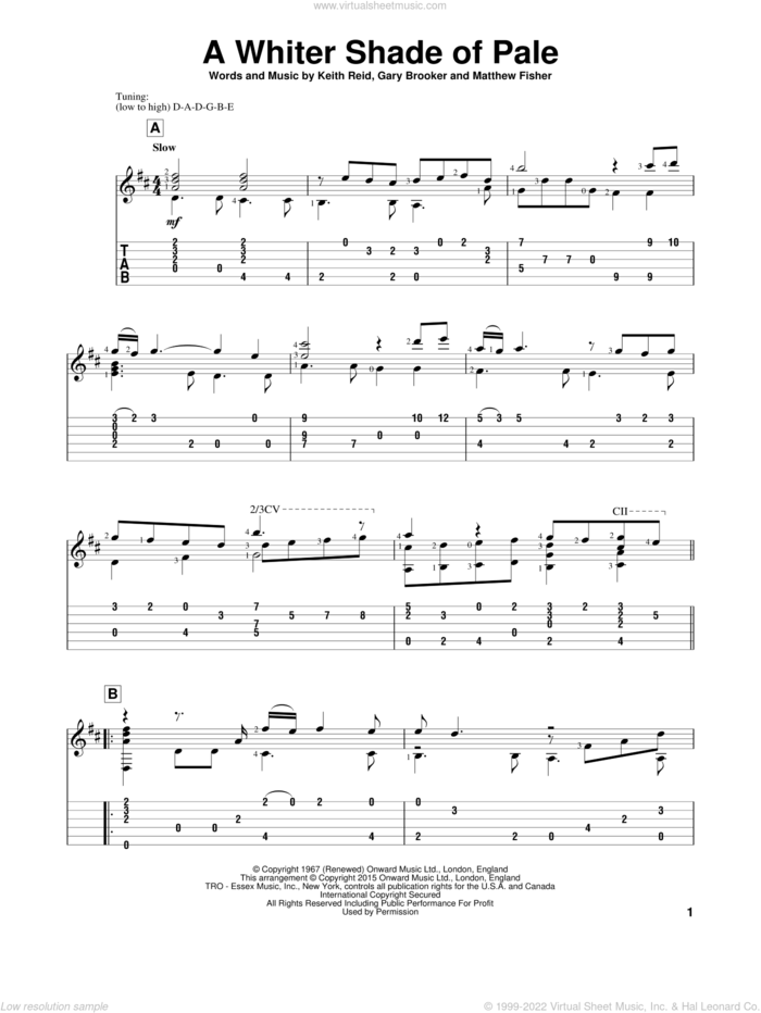 A Whiter Shade Of Pale sheet music for guitar solo by Procol Harum, John Hill, Gary Brooker, Keith Reid and Matthew Fisher, wedding score, intermediate skill level