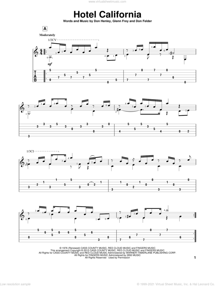 Hotel California sheet music for guitar solo by Don Henley, John Hill, The Eagles, Don Felder and Glenn Frey, classical score, intermediate skill level