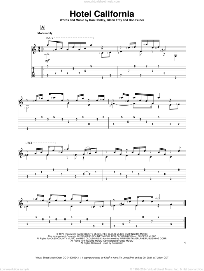 Hotel California sheet music for guitar solo by Don Henley, John Hill, The Eagles, Don Felder and Glenn Frey, classical score, intermediate skill level