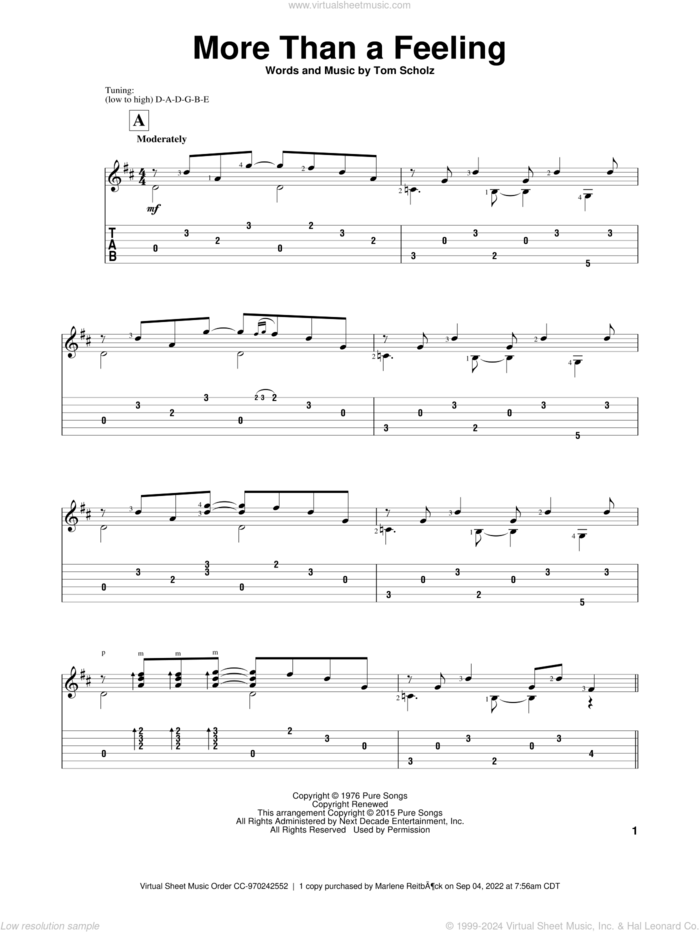 More Than A Feeling, (intermediate) sheet music for guitar solo by Boston, John Hill and Tom Scholz, classical score, intermediate skill level