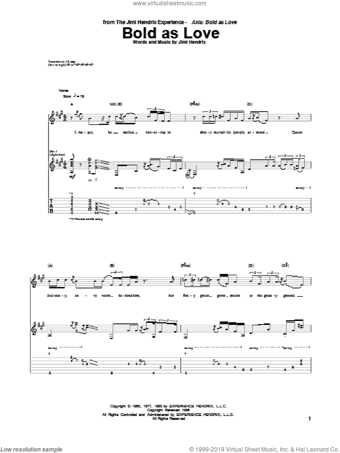 Bold As Love sheet music for guitar (tablature) by Jimi Hendrix, intermediate skill level