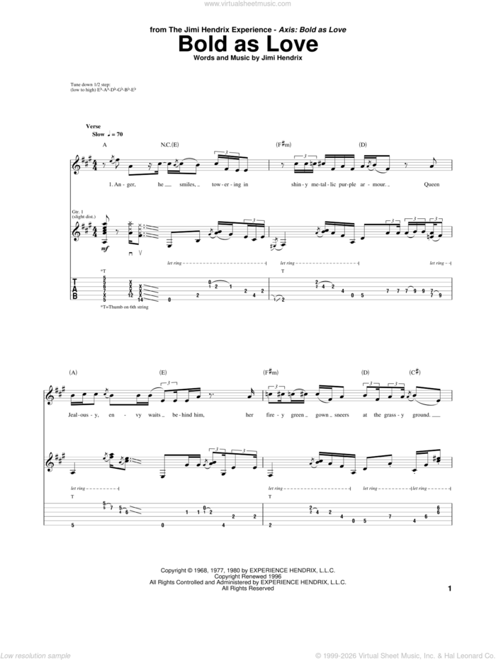 Bold As Love sheet music for guitar (tablature) by Jimi Hendrix, intermediate skill level