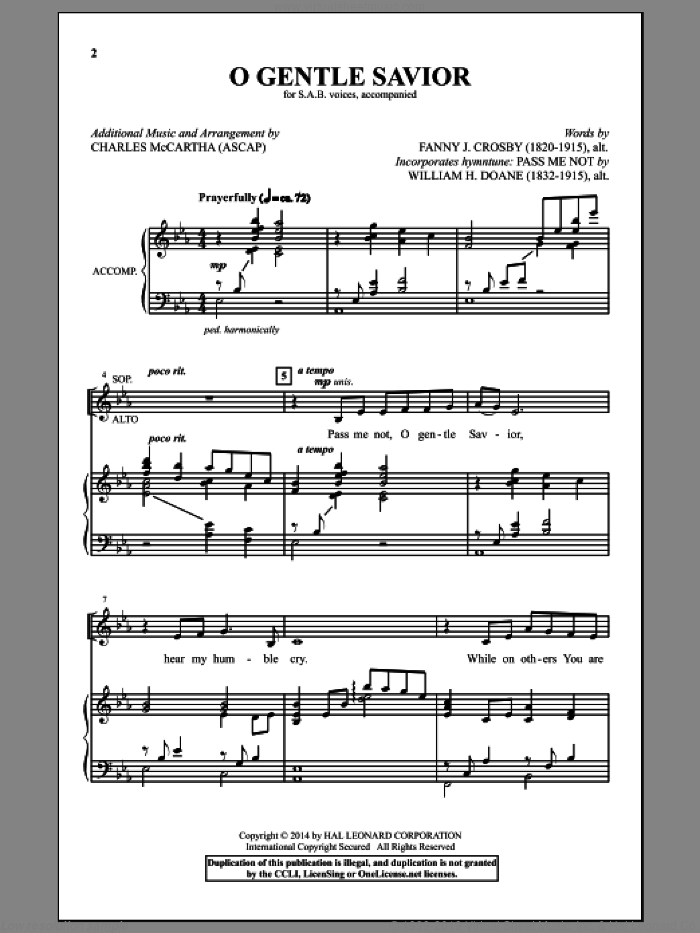 O Gentle Savior sheet music for choir (SAB: soprano, alto, bass) by Fanny J. Crosby, Charles McCartha and William H. Doane, intermediate skill level