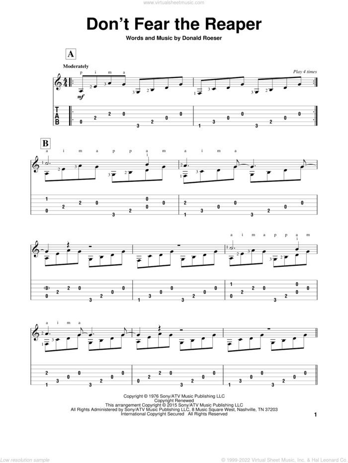 Don't Fear The Reaper sheet music for guitar solo by Blue Oyster Cult, John Hill and Donald Roeser, classical score, intermediate skill level