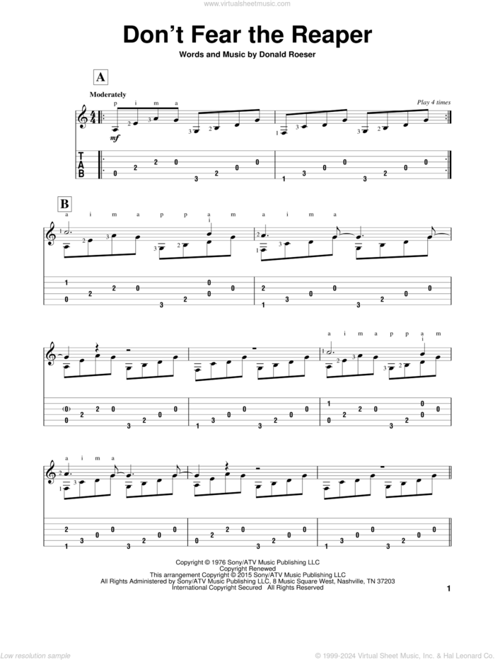 Don't Fear The Reaper sheet music for guitar solo by Blue Oyster Cult, John Hill and Donald Roeser, classical score, intermediate skill level