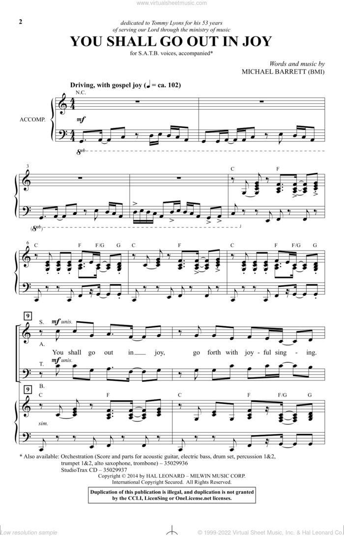 You Shall Go Out In Joy sheet music for choir (SATB: soprano, alto, tenor, bass) by Michael Barrett, intermediate skill level