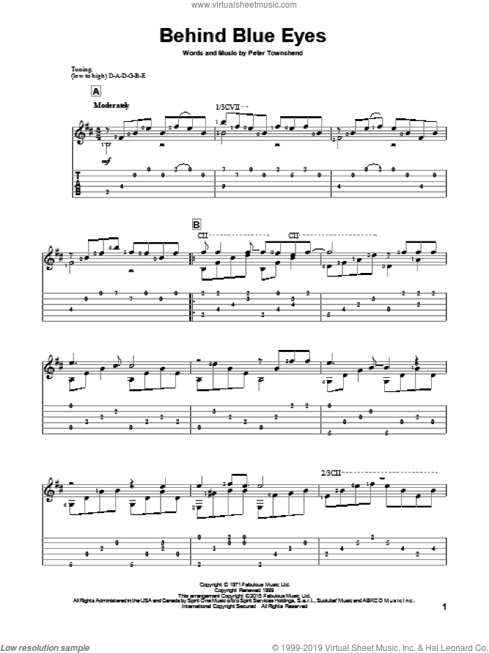 Behind Blue Eyes, (intermediate) sheet music for guitar solo by The Who, John Hill, Limp Bizkit and Pete Townshend, intermediate skill level