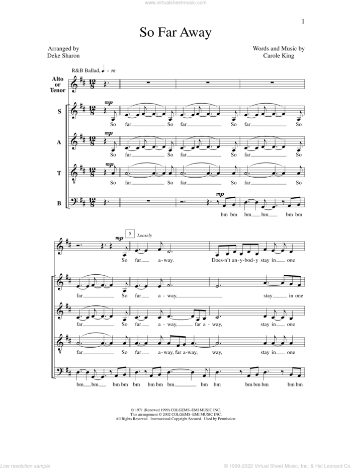So Far Away sheet music for choir (SATB: soprano, alto, tenor, bass) by Deke Sharon, Anne Raugh and Carole King, intermediate skill level