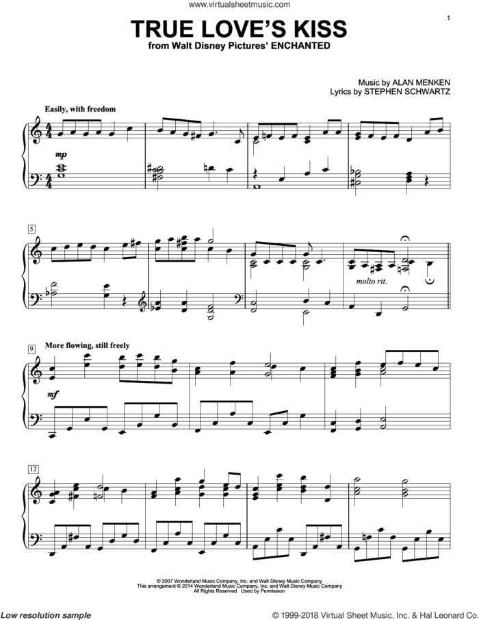 True Love's Kiss (from Enchanted) sheet music for piano solo by Alan Menken, Amy Adams and Stephen Schwartz, intermediate skill level