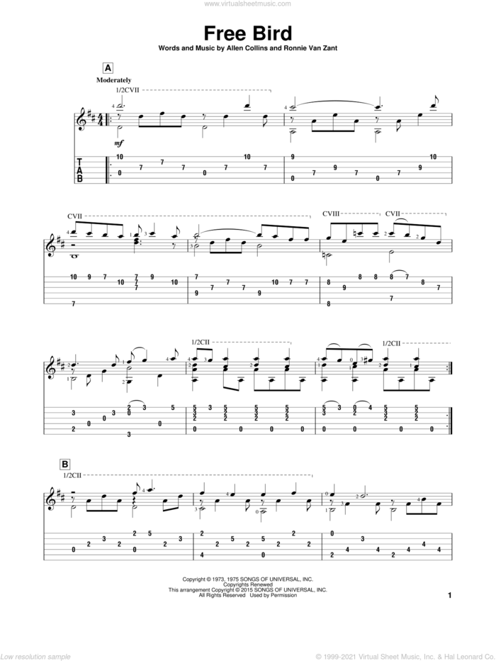 Free Bird sheet music for guitar solo by Lynyrd Skynyrd, John Hill, Allen Collins and Ronnie Van Zant, intermediate skill level