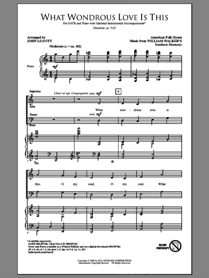 What Wondrous Love Is This sheet music for choir (SATB: soprano, alto, tenor, bass) by Billy Walker and John Leavitt, intermediate skill level