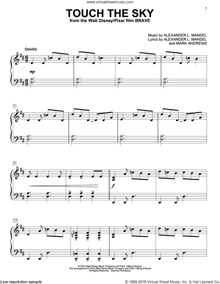 Touch The Sky (From Brave), (intermediate) sheet music for piano solo by Julie Fowlis, Alexander L. Mandel and Mark Andrews, intermediate skill level