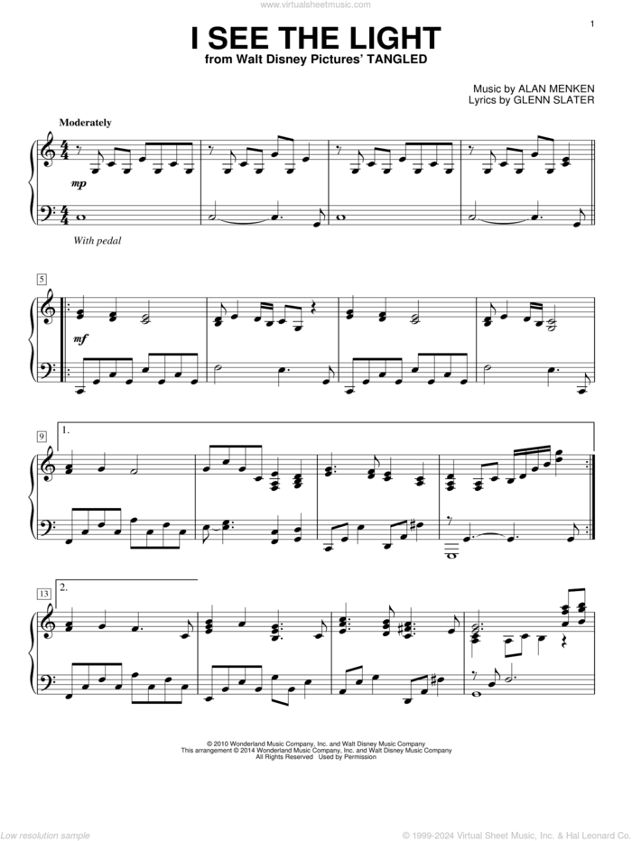 I See The Light (from Tangled), (intermediate) sheet music for piano solo by Alan Menken and Glenn Slater, intermediate skill level