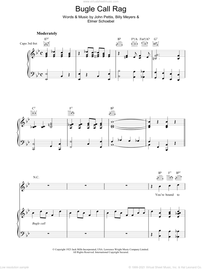 Bugle Call Rag sheet music for voice, piano or guitar by Benny Goodman, Billy Meyers, Elmer Schoebel and Jack Pettis, intermediate skill level