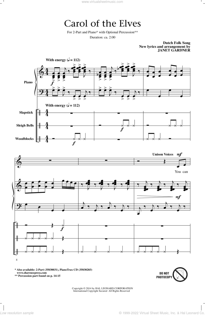 Carol Of The Elves sheet music for choir (2-Part) by Janet Gardner, intermediate duet