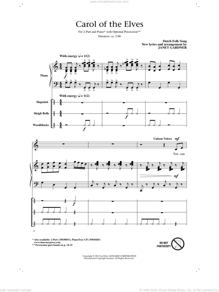 Carol Of The Elves sheet music for choir (2-Part) by Janet Gardner, intermediate duet
