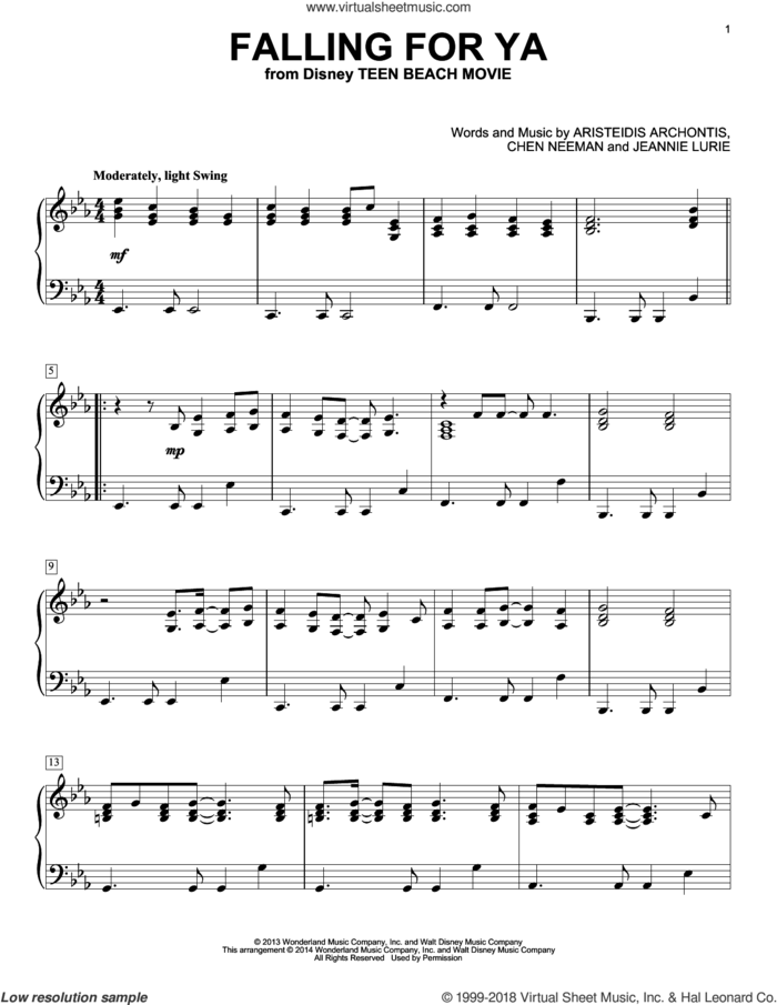 Falling For Ya sheet music for piano solo by Jeannie Lurie, Aristeidis Archontis and Chen Neeman, intermediate skill level