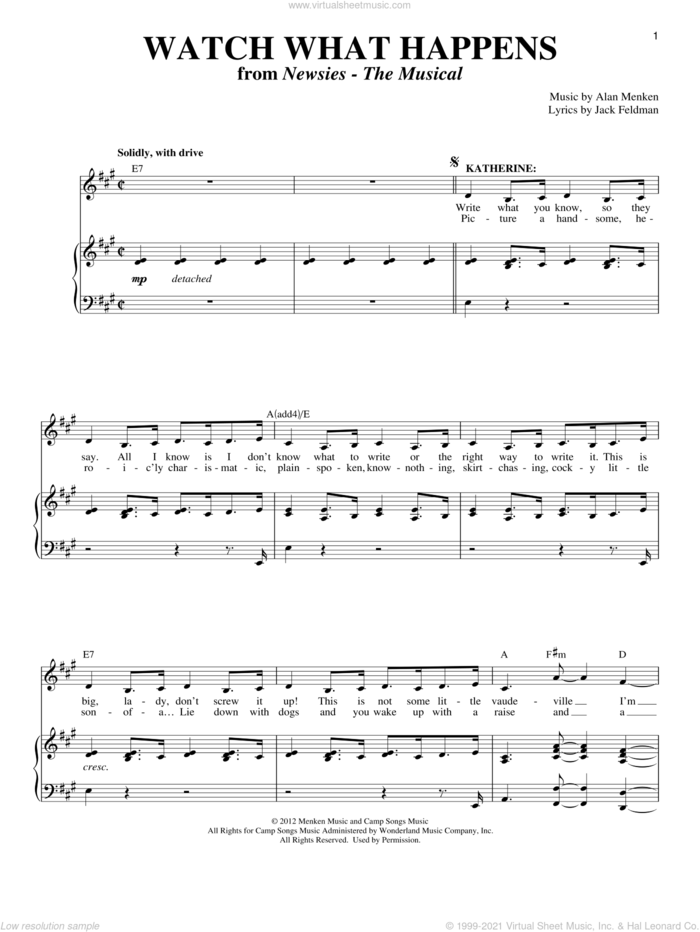 Watch What Happens sheet music for voice and piano by Alan Menken and Jack Feldman, intermediate skill level