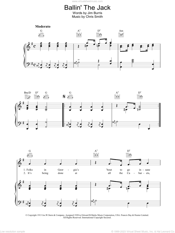 Ballin' The Jack sheet music for voice, piano or guitar by Jelly Roll Morton, Chris Smith and Jim Burris, intermediate skill level