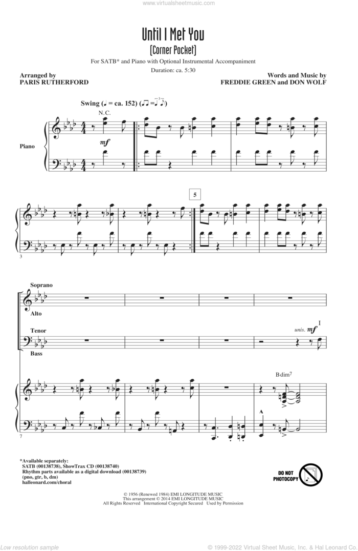 Until I Met You (Corner Pocket) sheet music for choir (SATB: soprano, alto, tenor, bass) by Freddie Green, Paris Rutherford and Don Wolf, intermediate skill level