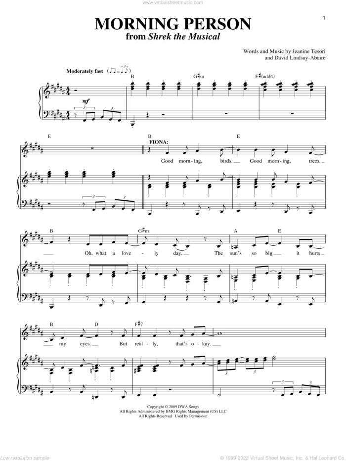 Morning Person sheet music for voice and piano by Jeanine Tesori and David Lindsay-Abaire, intermediate skill level