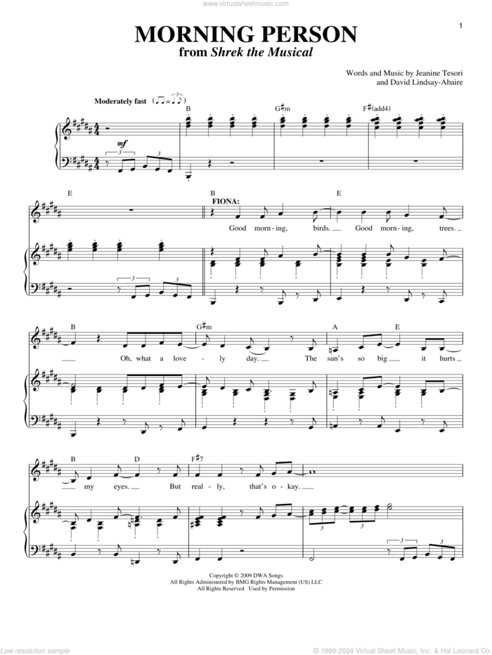 Morning Person sheet music for voice and piano by Jeanine Tesori and David Lindsay-Abaire, intermediate skill level