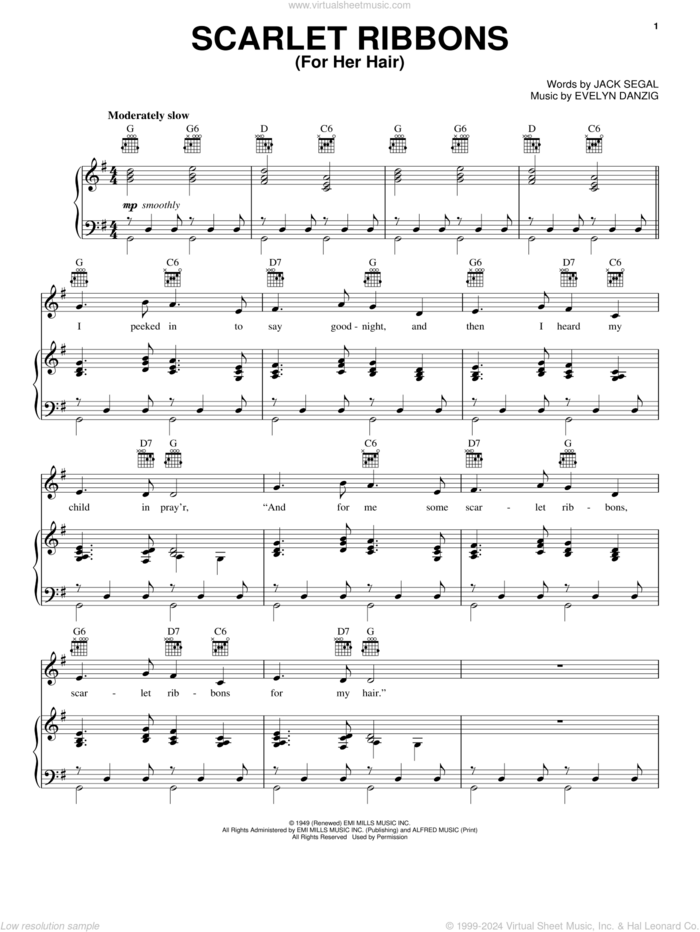 Scarlet Ribbons (For Her Hair) sheet music for voice, piano or guitar by Evelyn Danzig and Jack Segal, intermediate skill level