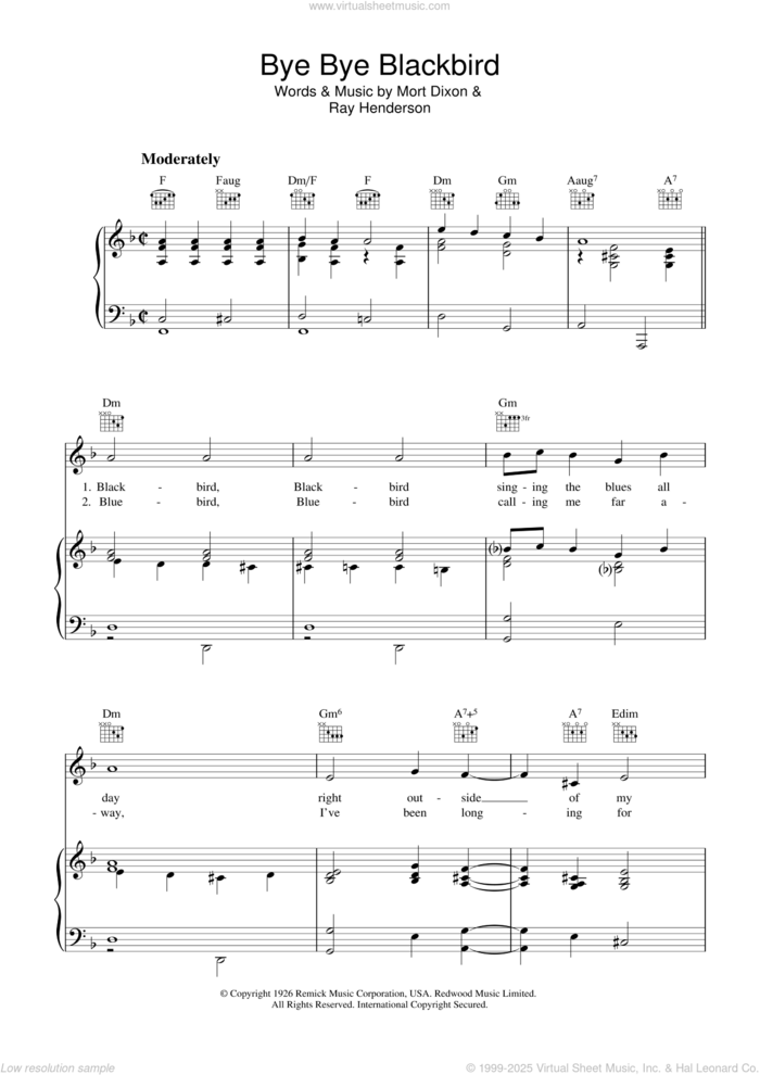 Bye Bye Blackbird sheet music for voice, piano or guitar by Ray Henderson and Mort Dixon, intermediate skill level