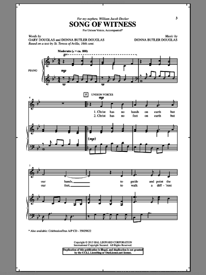 Song Of Witness sheet music for choir (Unison) by Donna Butler Douglas and Gary Douglas, intermediate skill level