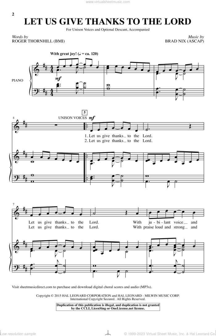 Let Us Give Thanks To The Lord sheet music for choir (Unison) by Brad Nix and Roger Thornhill, intermediate skill level